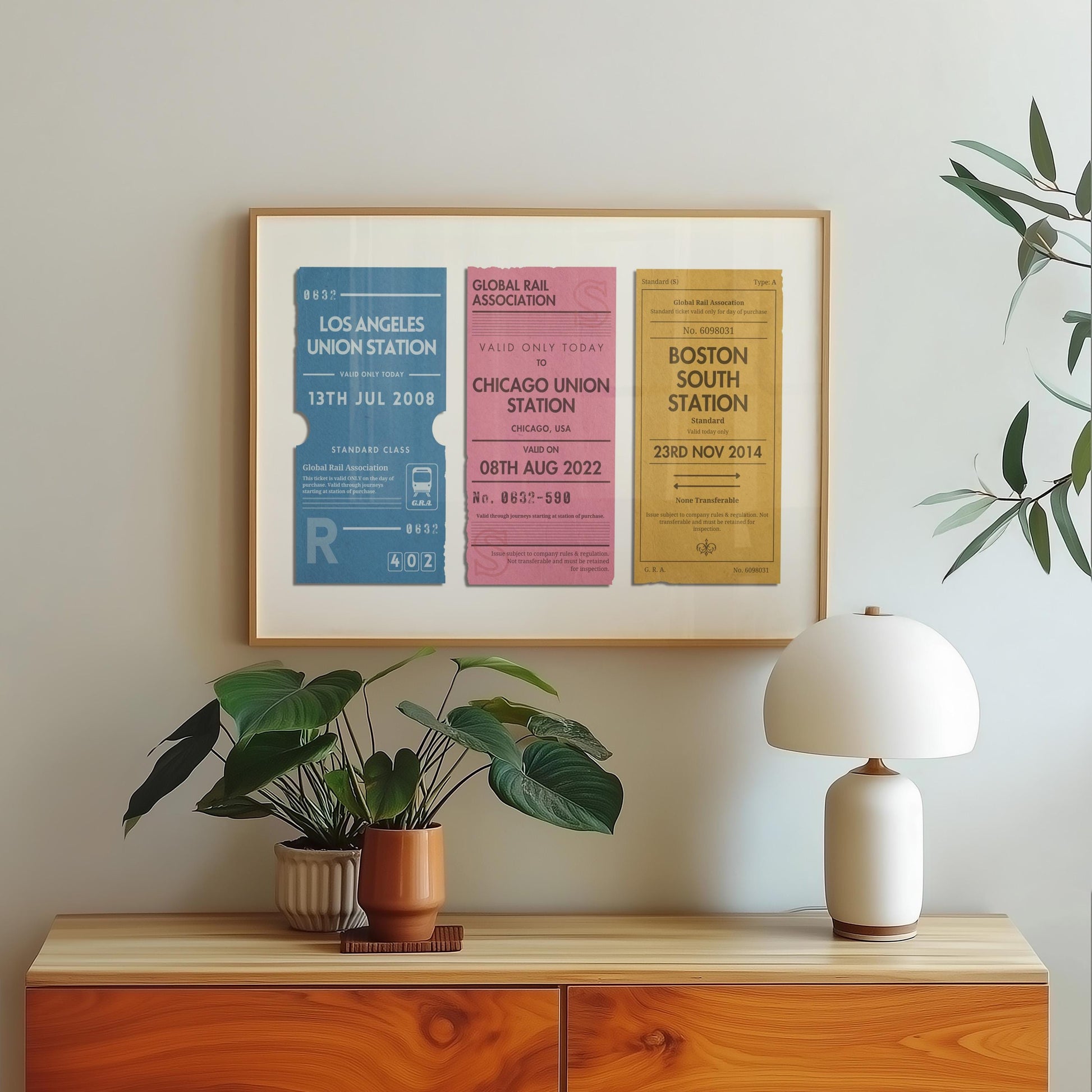 A scandinavian style home with a wood framed poster on the wall which shows personalised train ticket stubs on it. The art is vintage, rustic and bespoke.