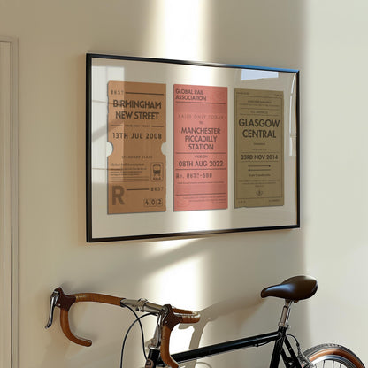 A european style apartment hallway with a poster on the wall which has a set of three old style ticket stubs on it for interrail trips and train journeys from your travels. The art has been made bespoke with your trio of destinations, dates and stations.