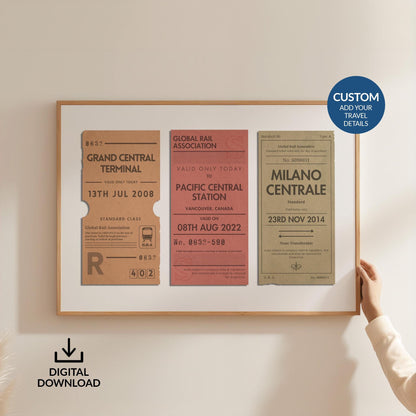 Someone in white holding up a poster which is a one of a kind railway stubs artwork made for travel lovers as a keepsake for rail journeys and holidays.