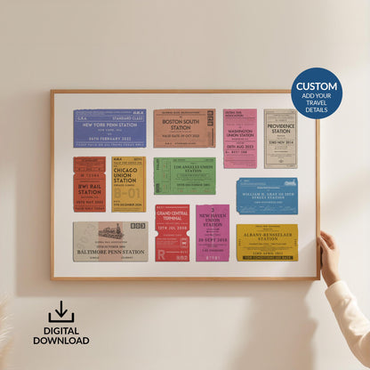 Someone in white holding up a large landscape print on a wall. It is a custom vintage train ticket stub poster to show off your travels and holidays.