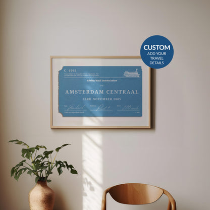 A minimal dining room with a wood curved chair and a plant. On the wall is a framed print of a personalised interrail luggage tag, inspired my old stubs to make a design for frequent travellers and holiday keepsake collectors