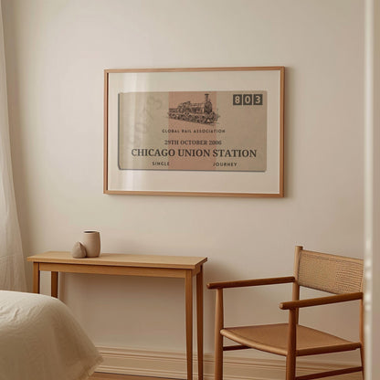 A warm light wood furnished bedroom with a large horizontal framed wall art. It is a custom unique rail tag print designed as a memory filled gift for holidays, gap years or honeymoon décor.