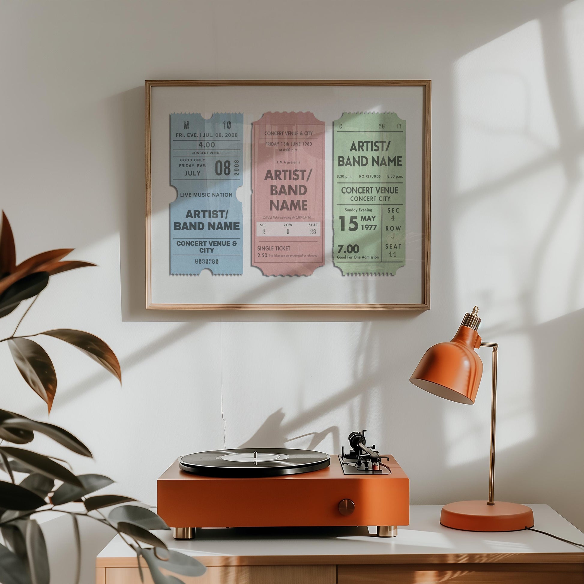 A colourful pastel print with a trio of personalised festival events on it. The print has a muted pastel blue, pink and green retro stub design.