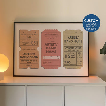 Framed festival keepsake poster with 3 personalised event stubs, leaning on a counter in a warm light.