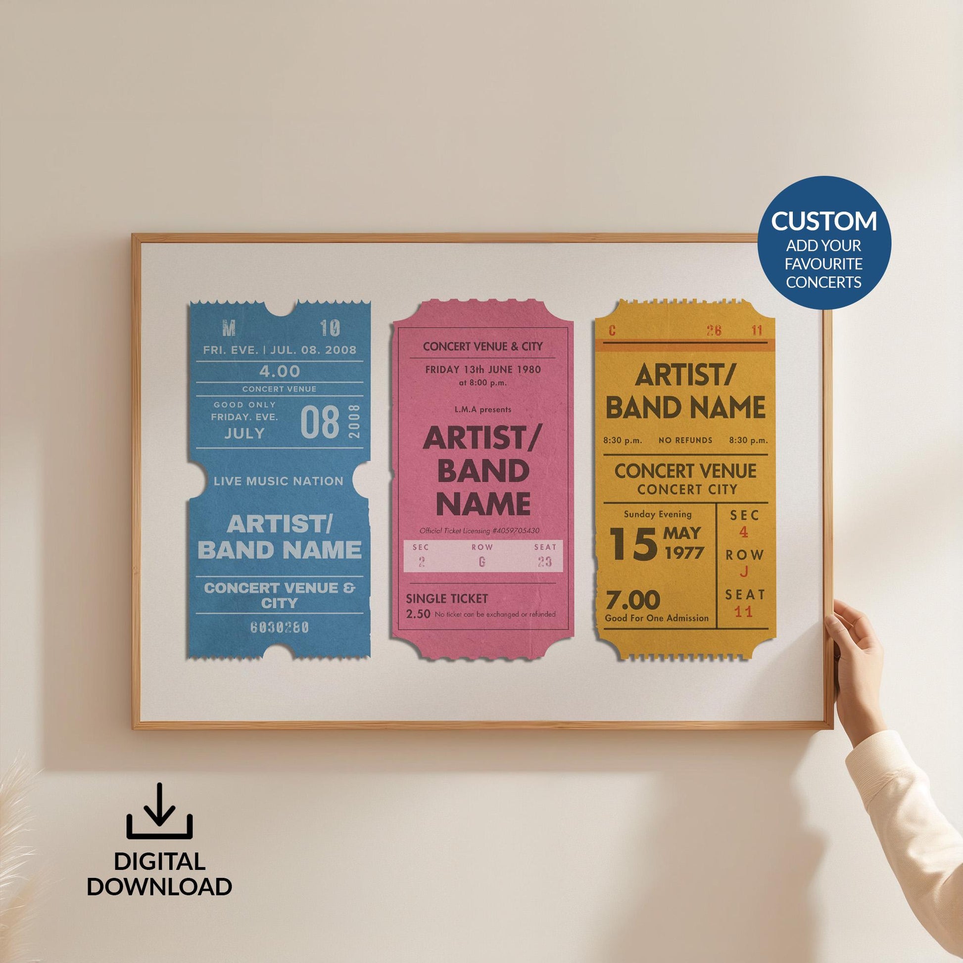 ome one in white holding up a large horizontal framed festival keepsake poster with 3 personalised event stubs on it in bright colours.