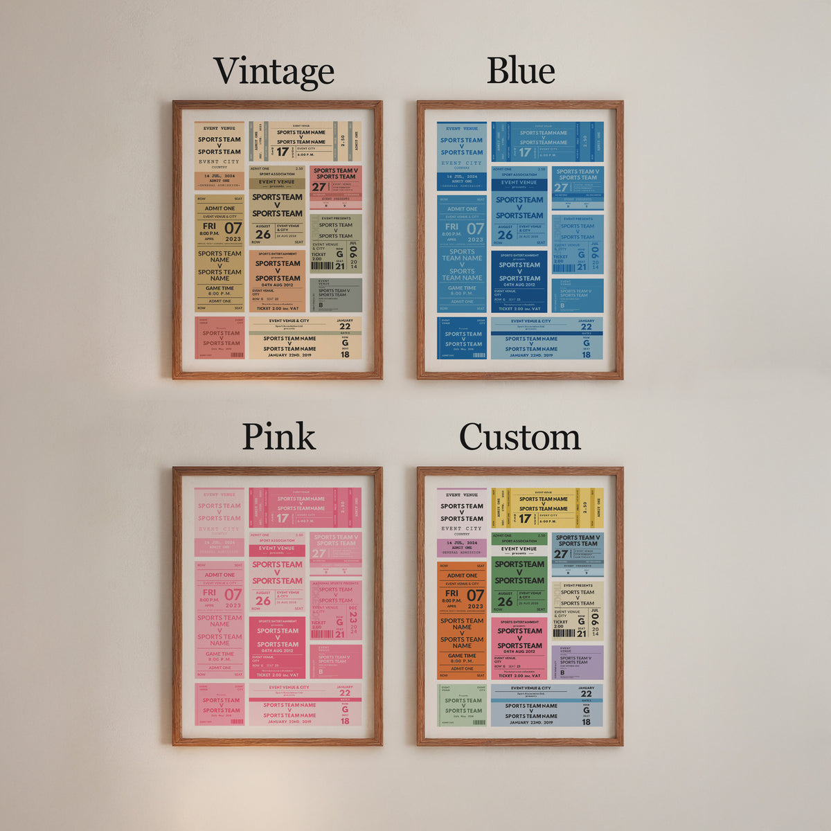 Four framed print on a wall showing the colour scheme options of pink blue vintage or custom so you can pick your own.