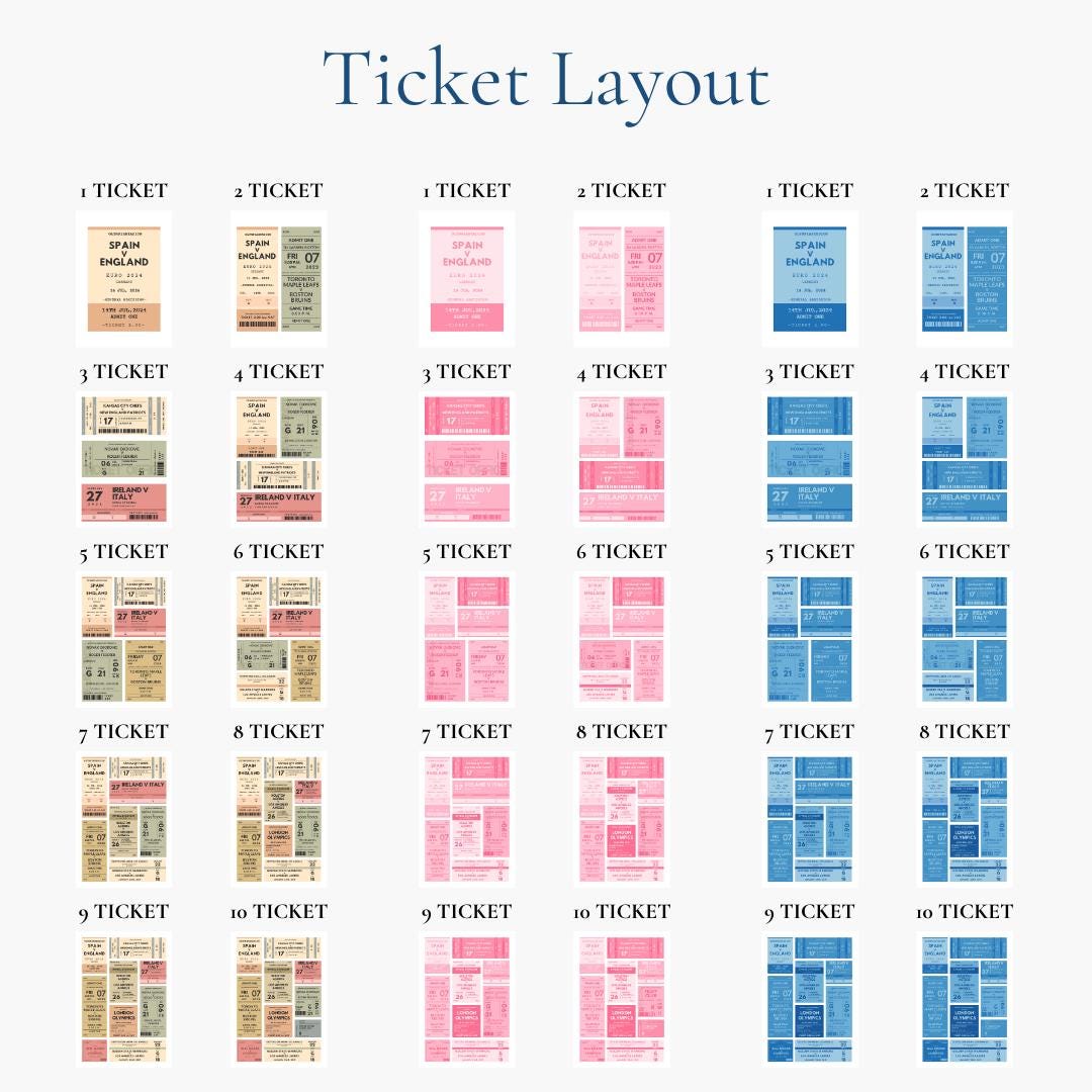 An infographic showing what each poster option looks like in each colour scheme with 1-10 ticket options to tailor your poster to your events and colour preference.